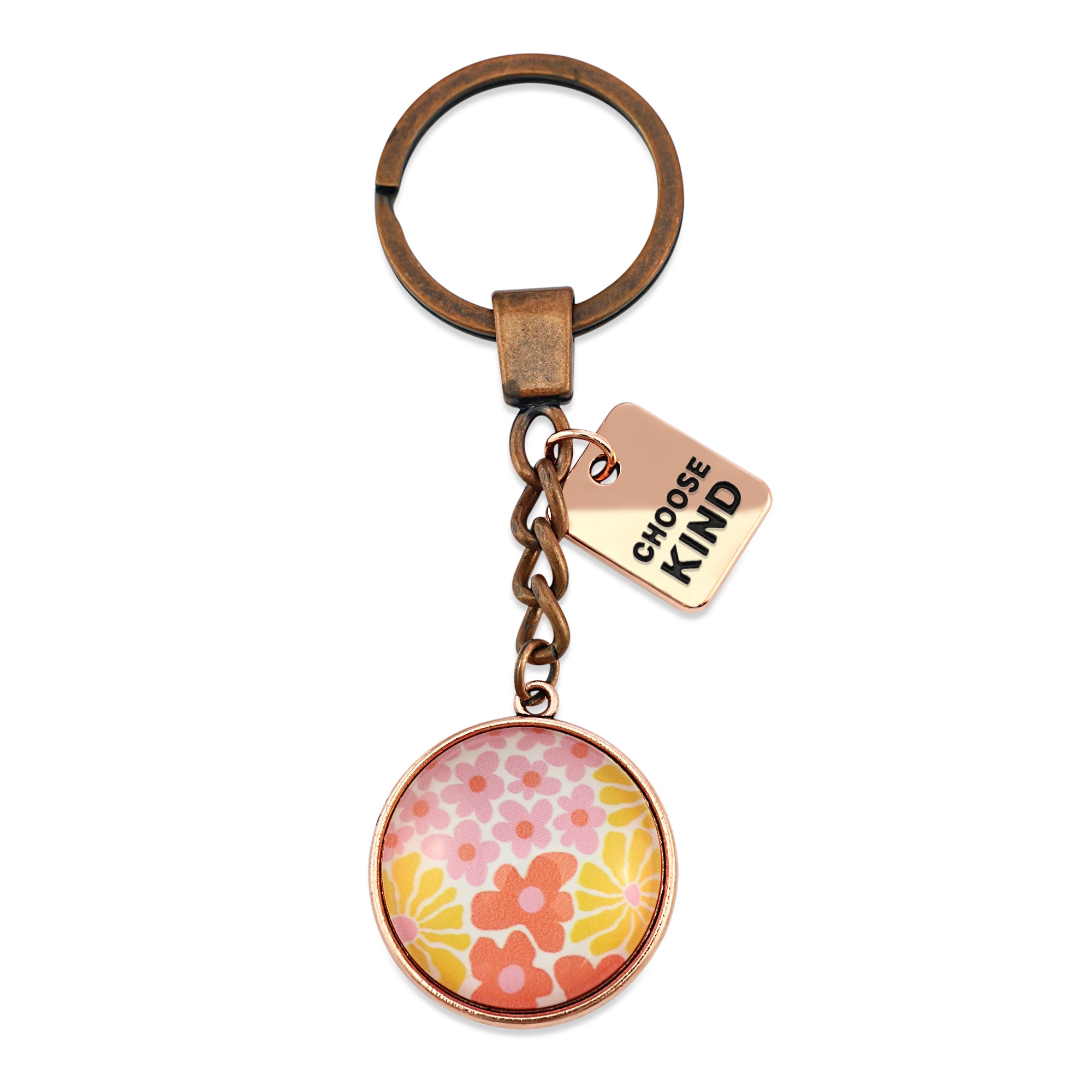 Pink floral print circle pendant vintage silver keychain with 'Choose Kind' word charm. Fundraising product for the National Breast Cancer Foundation. 