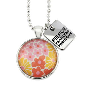 Pink floral print circle pendant silver ball chain necklace with SILVER 'fierce fearless fabulous' word charm. Fundraising product for the National Breast Cancer Foundation. 