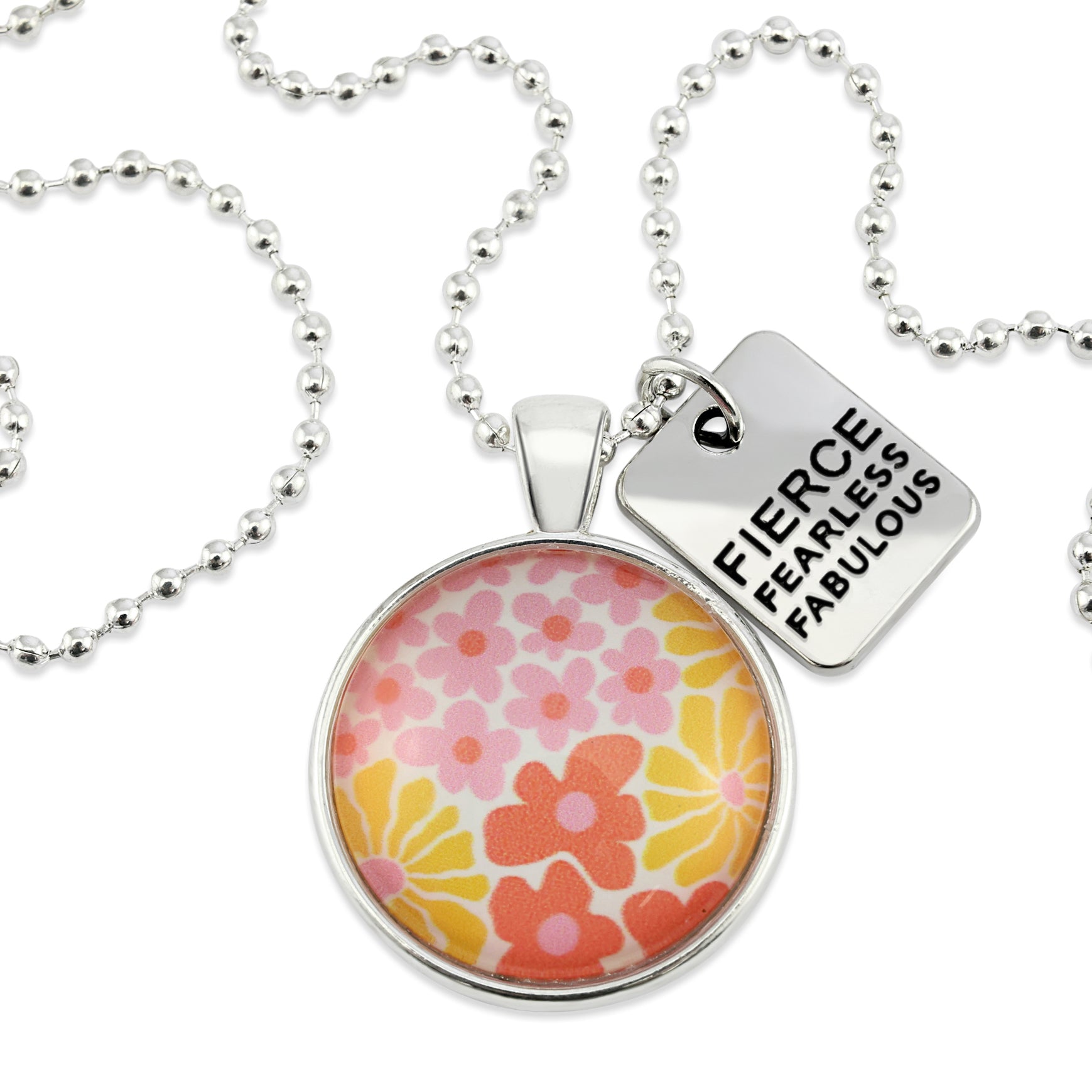 Pink floral print circle pendant silver ball chain necklace with SILVER 'fierce fearless fabulous' word charm. Fundraising product for the National Breast Cancer Foundation. 