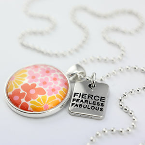 Pink floral print circle pendant silver ball chain necklace with SILVER 'fierce fearless fabulous' word charm. Fundraising product for the National Breast Cancer Foundation. 