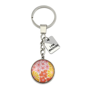 Pink floral print circle pendant vintage silver keychain with 'I Am Enough word charm. Fundraising product for the National Breast Cancer Foundation. 