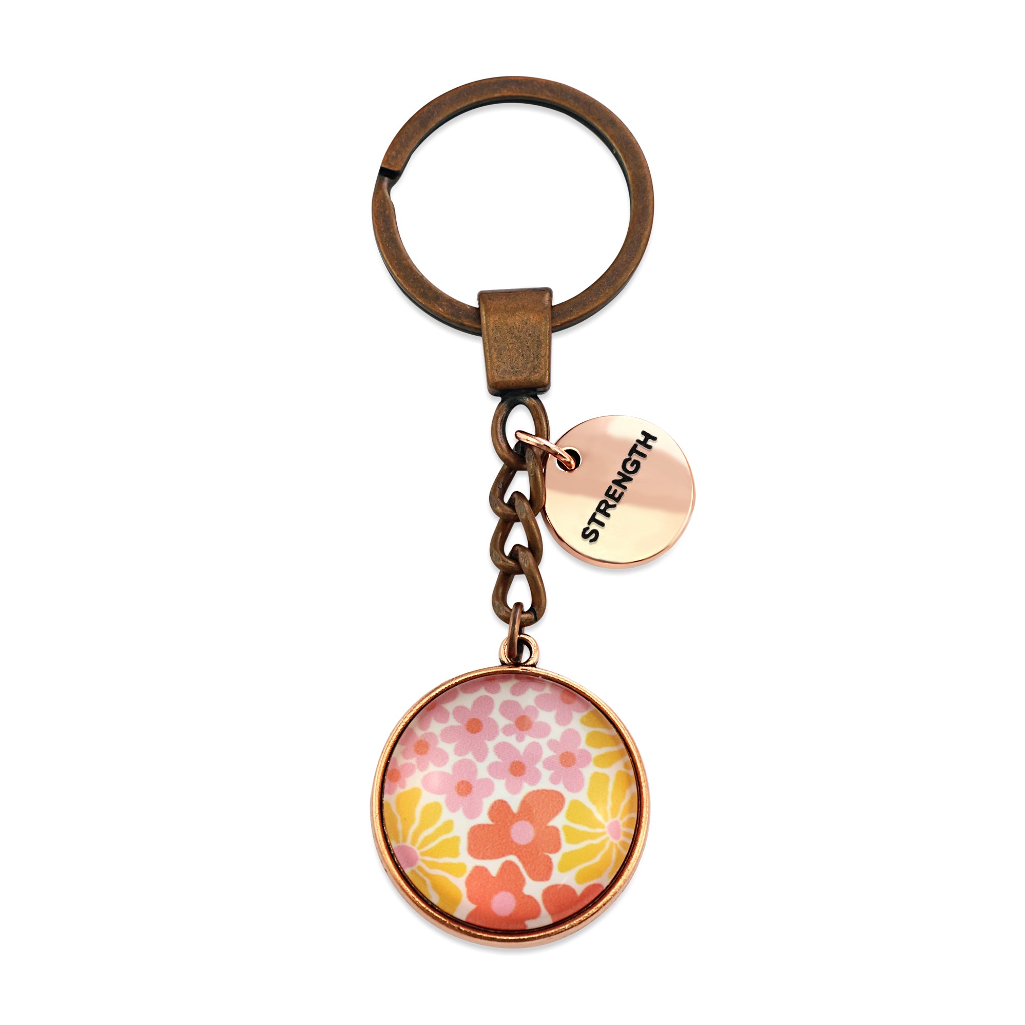 Pink floral print circle pendant vintage copper keychain with rose gold 'strength' word charm. Fundraising product for the National Breast Cancer Foundation. 