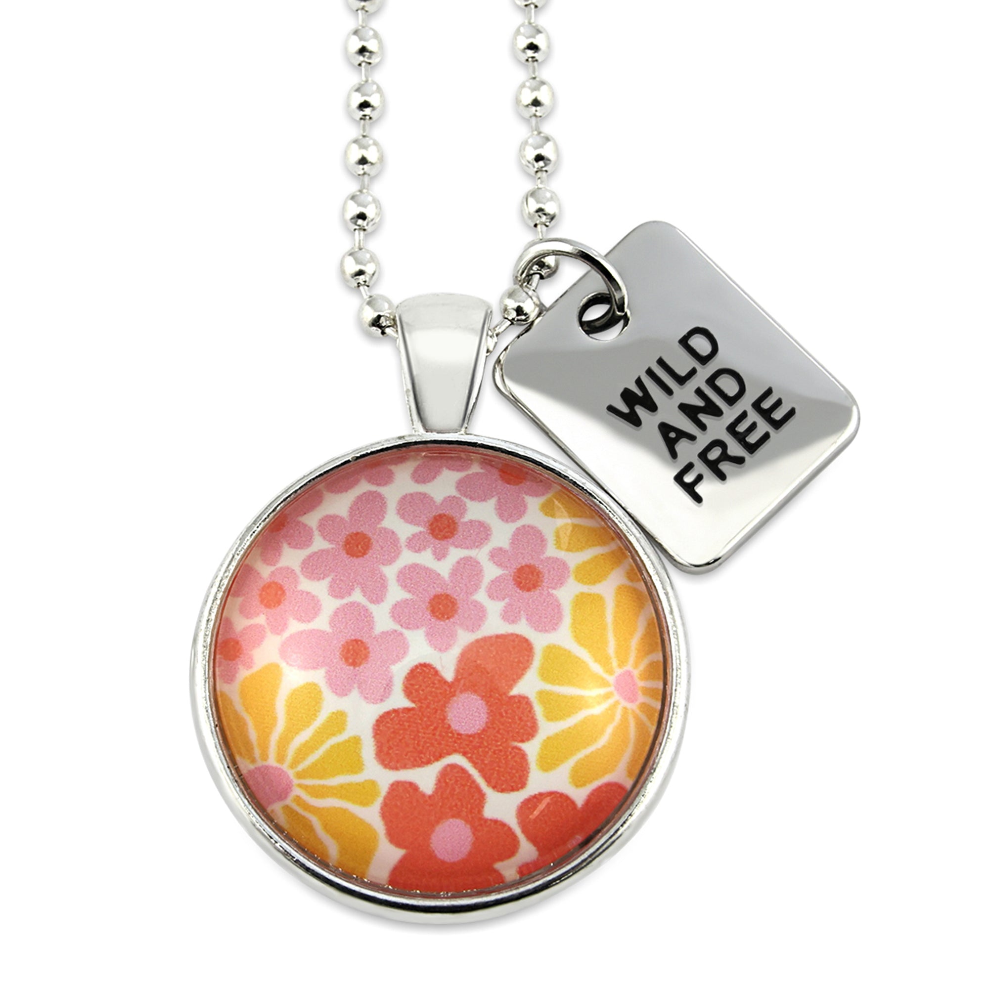 Pink floral print circle pendant silver ball chain necklace with SILVER 'wild and free' word charm. Fundraising product for the National Breast Cancer Foundation. 