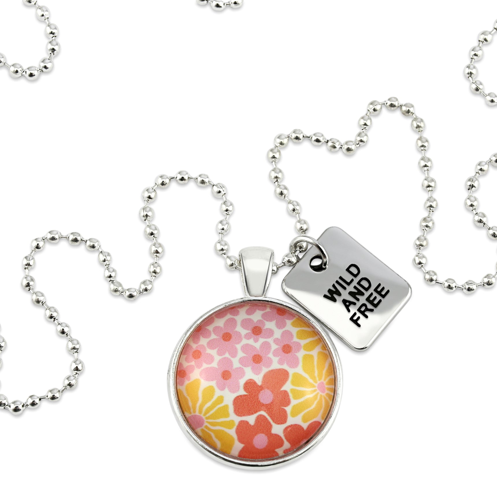 Pink floral print circle pendant silver ball chain necklace with SILVER 'wild and free' word charm. Fundraising product for the National Breast Cancer Foundation. 