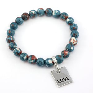 Stone Bracelet - Navy & Rust Patch Agate Stone 8mm Beads - With Silver Word charm