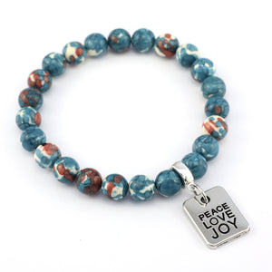 Stone Bracelet - Navy & Rust Patch Agate Stone 8mm Beads - With Silver Word charm