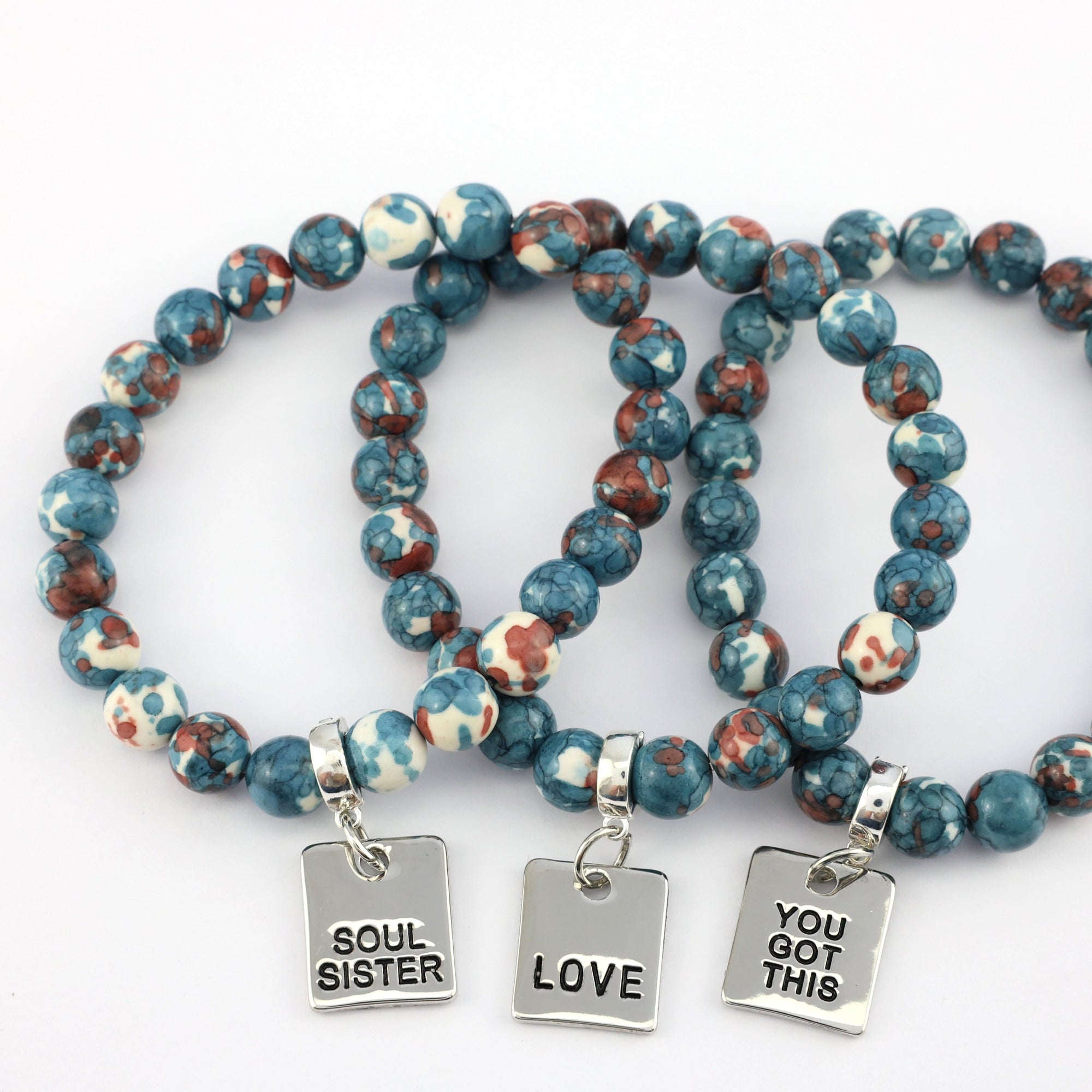 Stone Bracelet - Navy & Rust Patch Agate Stone 8mm Beads - With Silver Word charm