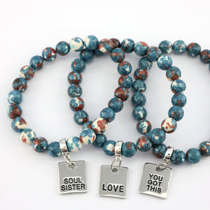 Stone Bracelet - Navy & Rust Patch Agate Stone 8mm Beads - With Silver Word charm