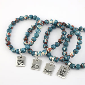 Stone Bracelet - Navy & Rust Patch Agate Stone 8mm Beads - With Silver Word charm