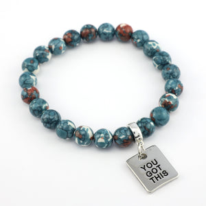 Stone Bracelet - Navy & Rust Patch Agate Stone 8mm Beads - With Silver Word charm