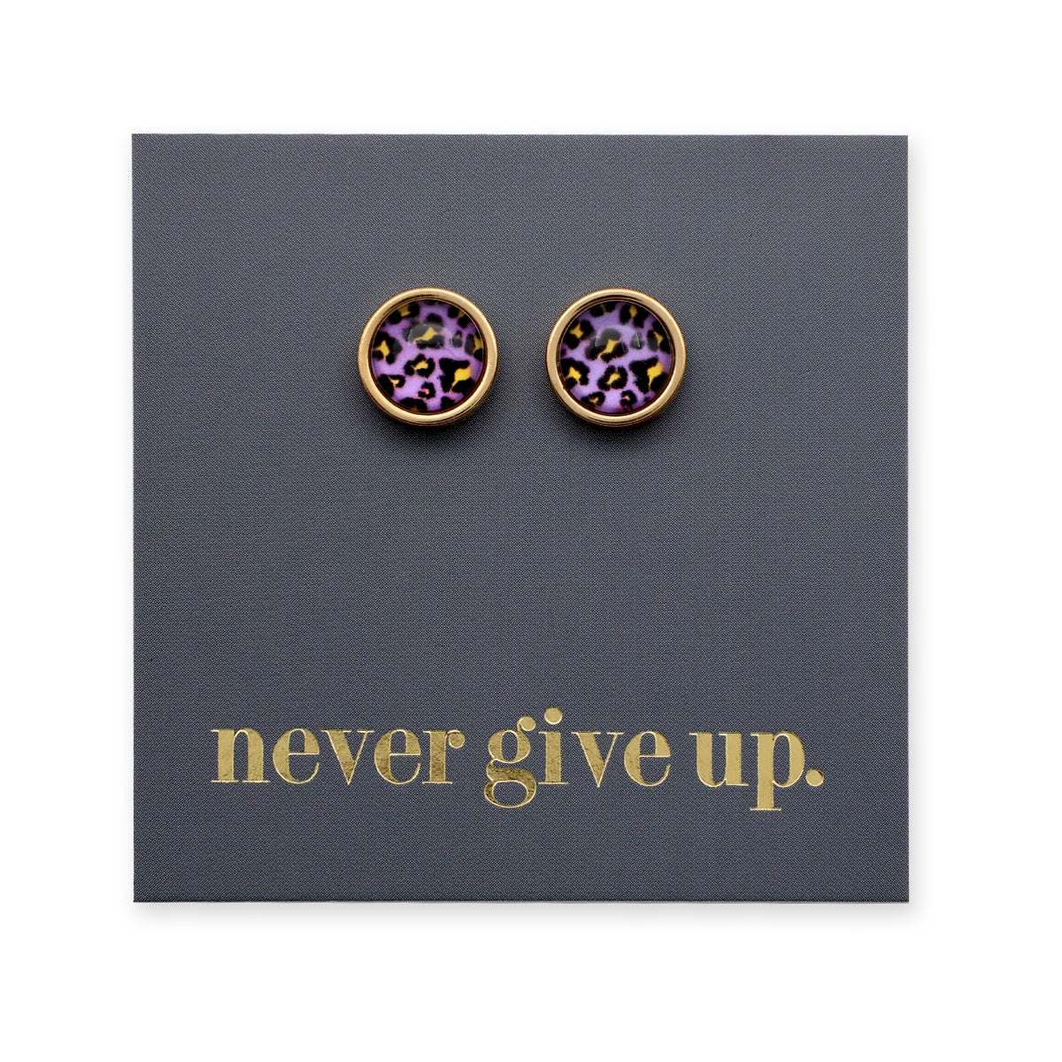 Never Give Up - Gold Stainless Steel 8mm Circle Studs - Purple Pop Leopard (11352)