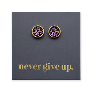 Never Give Up - Gold Stainless Steel 8mm Circle Studs - Purple Pop Leopard (11352)