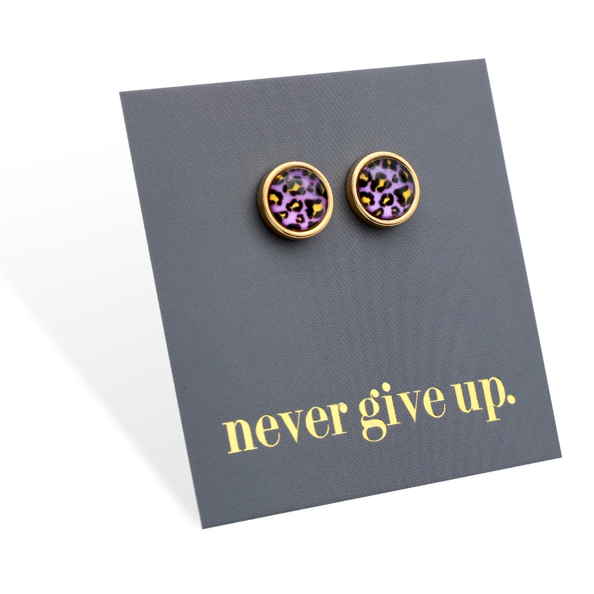 Never Give Up - Gold Stainless Steel 8mm Circle Studs - Purple Pop Leopard (11352)