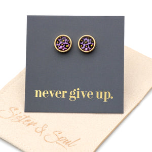 Never Give Up - Gold Stainless Steel 8mm Circle Studs - Purple Pop Leopard (11352)