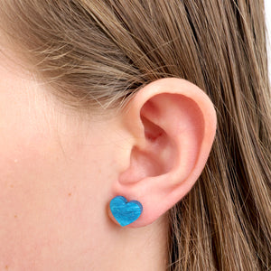 RESIN ACRYLIC HEART STUDS - Love Just For You - Teal Blue Swirl (11851)