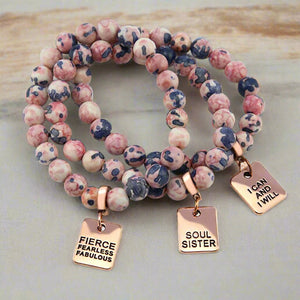 Stone Bracelet - Raspberry & Navy Patch Agate Stone 8mm Beads - with Rose Gold Word Charms