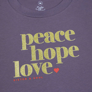 PEACE HOPE LOVE - Dusty Purple Cropped Wide Boxy Tee - Gold Glitter Print