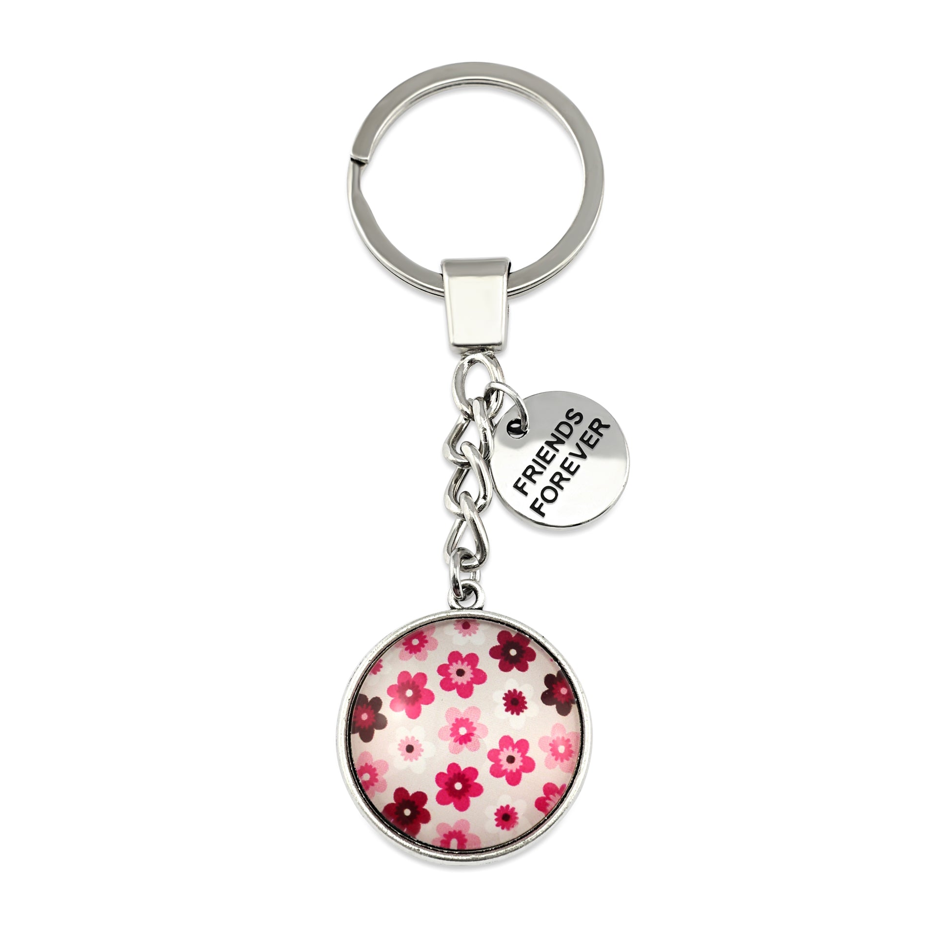 Pink floral print circle keychain pendant silver 'friends forever' word charm. Fundraising product for the National Breast Cancer Foundation. 