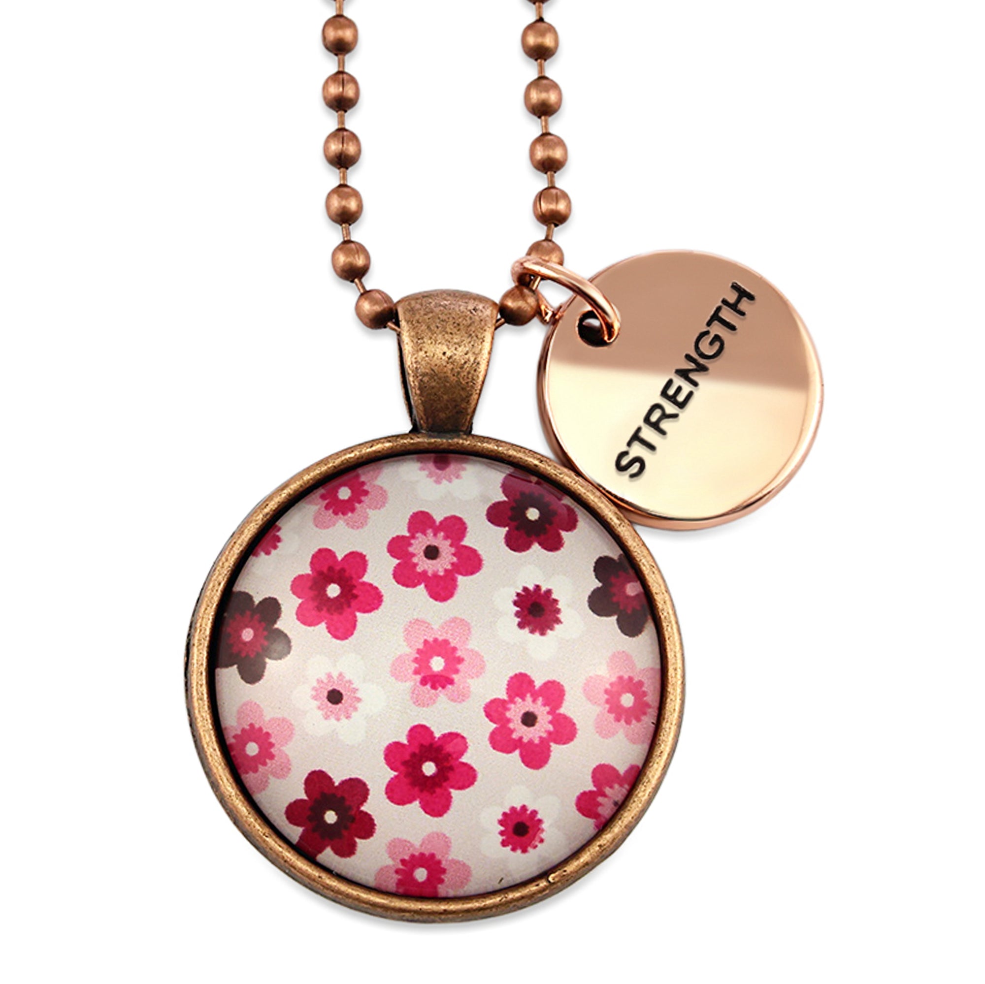 Pink floral print circle pendant vintage red copper ball chain necklace with rose gold 'strength' word charm. Fundraising product for the National Breast Cancer Foundation. 