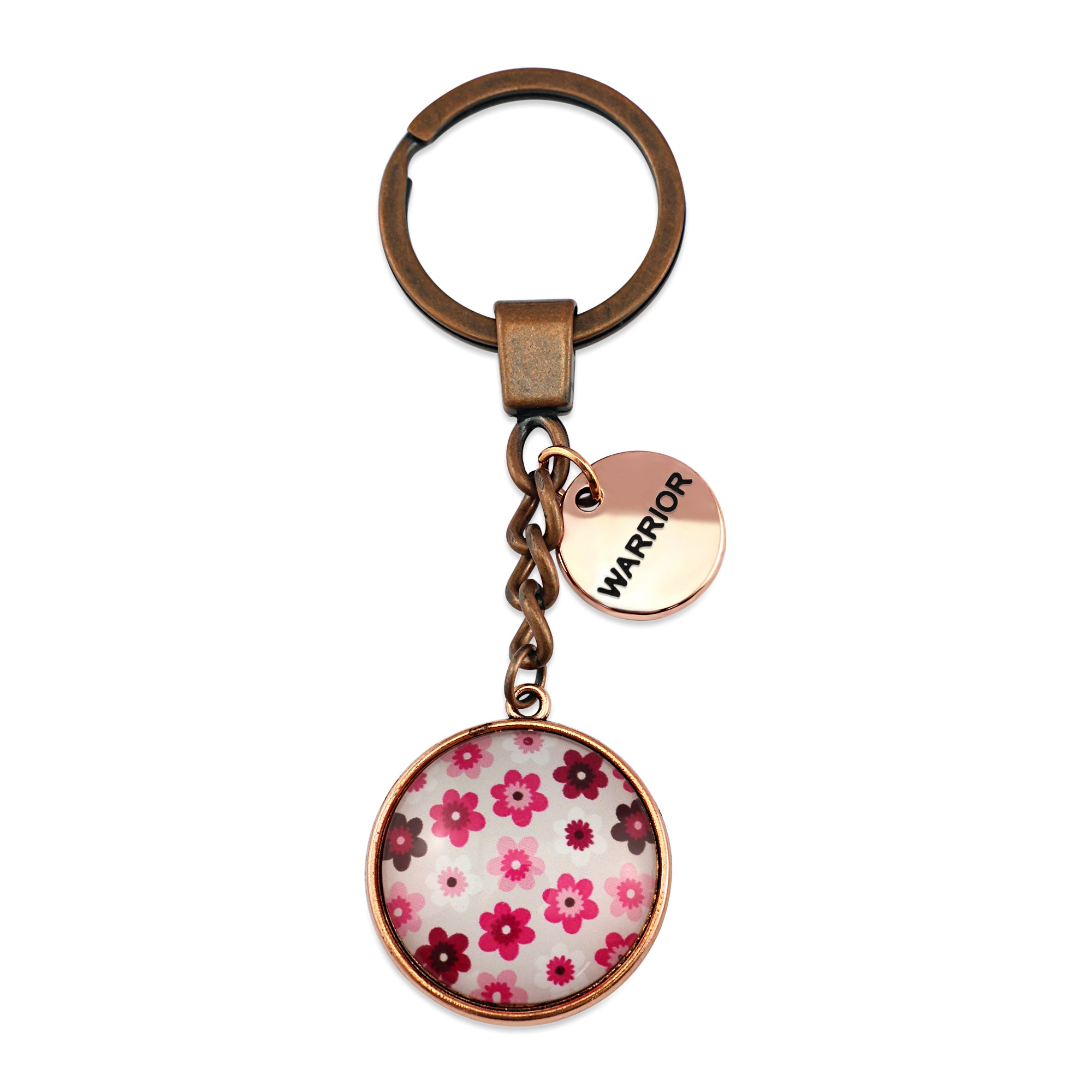 Pink floral print circle keychain pendant rose gold 'warrior' word charm. Fundraising product for the National Breast Cancer Foundation. 