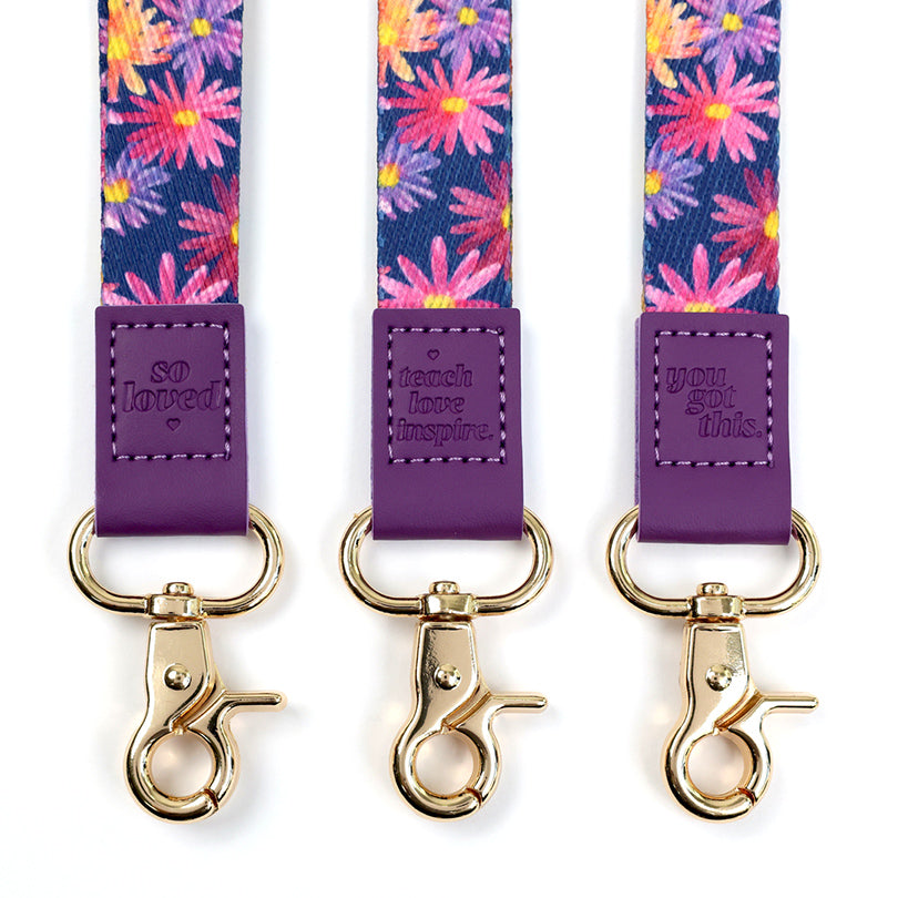 LANYARD with embossed words - PURPLE FLORAL