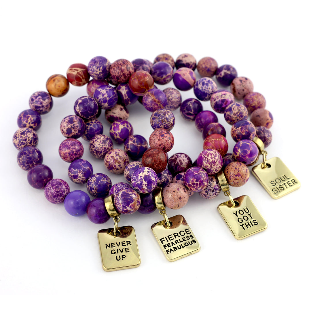 Precious Stone Bracelet - Purple Imperial Jasper 10mm Beads - With Vintage Gold Word Charm