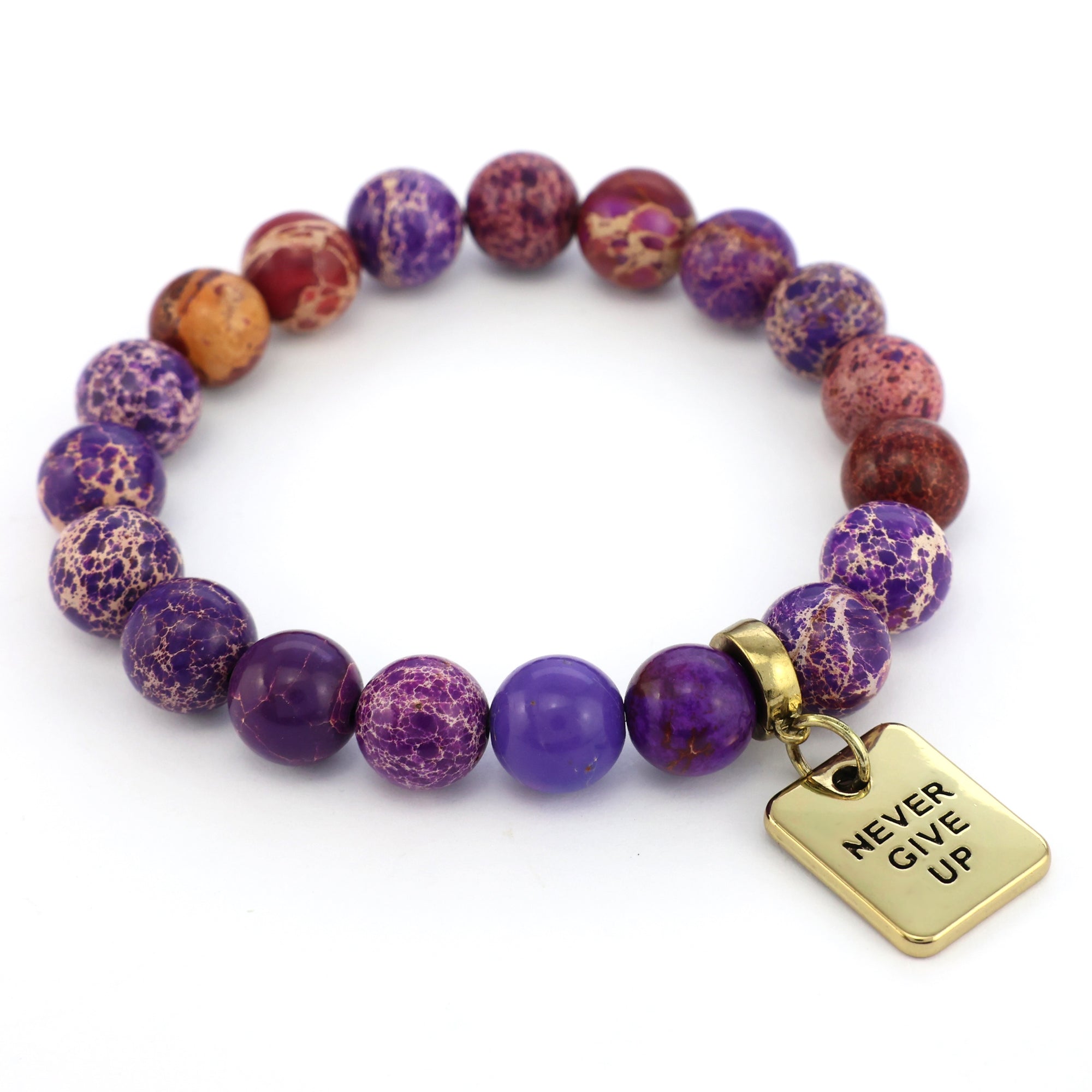 Precious Stone Bracelet - Purple Imperial Jasper 10mm Beads - With Vintage Gold Word Charm