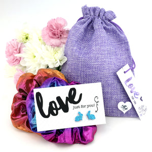 Purple Sparkle Scrunchie Easter Gift Bundle with Blue Glitter Bunny Earrings (L02)