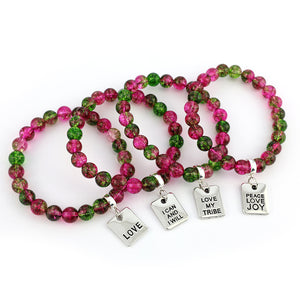 Raspberry & Green Apple Quartz 8mm Beads - with Silver Word charm