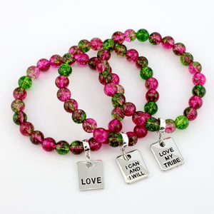 Raspberry & Green Apple Quartz 8mm Beads - with Silver Word charm