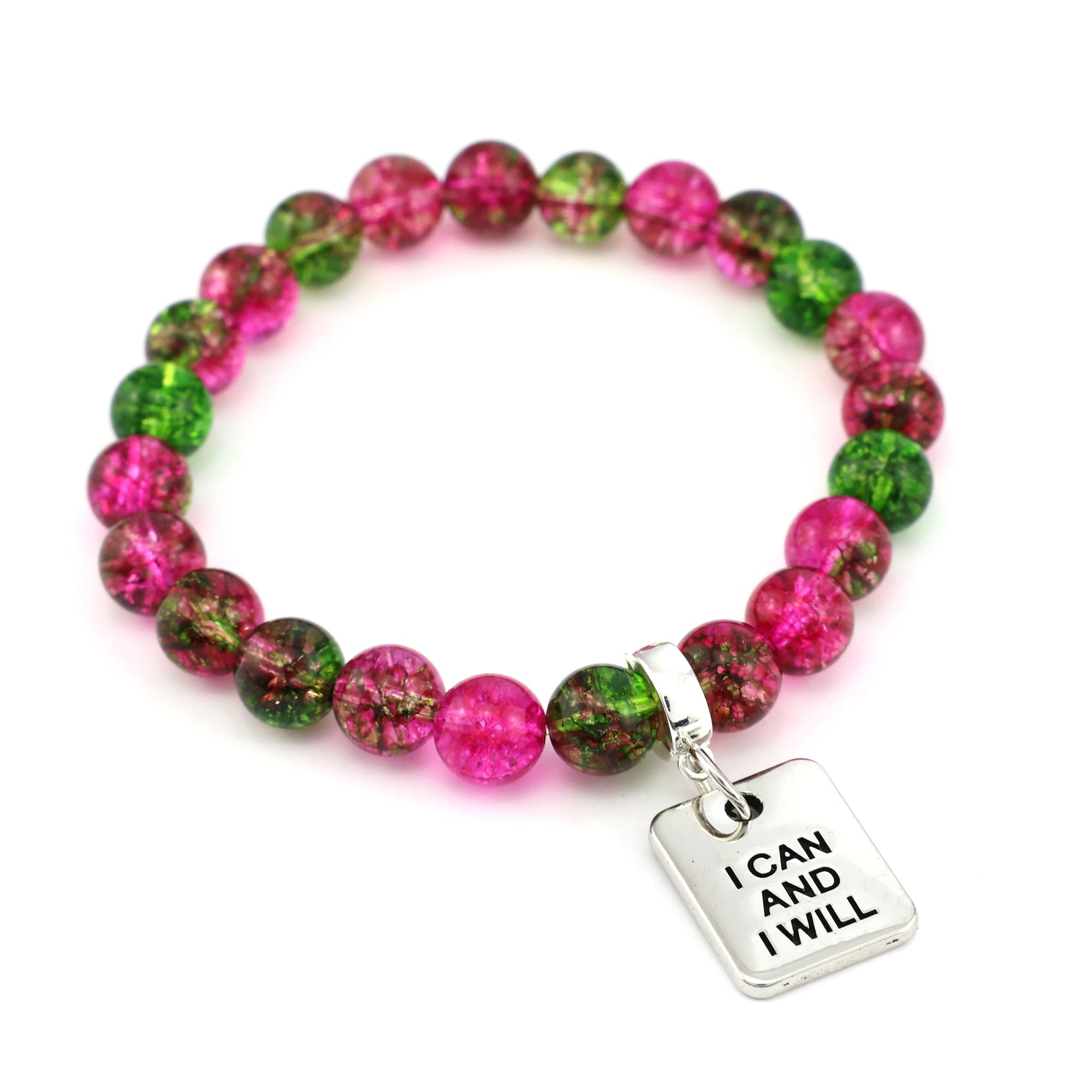 Raspberry & Green Apple Quartz 8mm Beads - with Silver Word charm