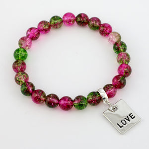 Raspberry & Green Apple Quartz 8mm Beads - with Silver Word charm