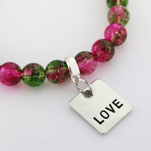 Raspberry & Green Apple Quartz 8mm Beads - with Silver Word charm