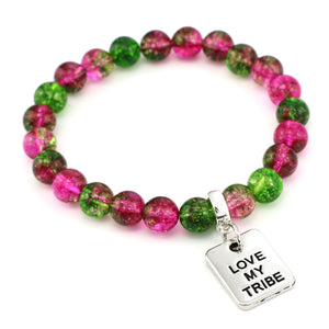 Raspberry & Green Apple Quartz 8mm Beads - with Silver Word charm