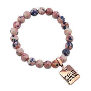 Stone Bracelet - Raspberry & Navy Patch Agate Stone 8mm Beads - with Rose Gold Word Charms