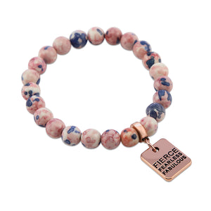 Stone Bracelet - Raspberry & Navy Patch Agate Stone 8mm Beads - with Rose Gold Word Charms