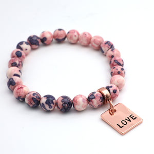 Stone Bracelet - Raspberry & Navy Patch Agate Stone 8mm Beads - with Rose Gold Word Charms