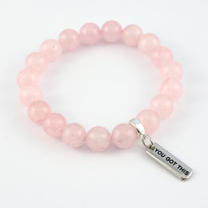 Stone Bracelet - Rose Quartz 10mm Beads - with Silver Word Charm