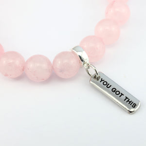 Stone Bracelet - Rose Quartz 10mm Beads - with Silver Word Charm