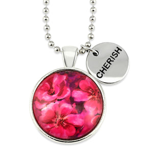 Circle pendant necklace in silver with cherish charm, floral print, ball chain necklace. Fundraiser for the national breast cancer foundation.