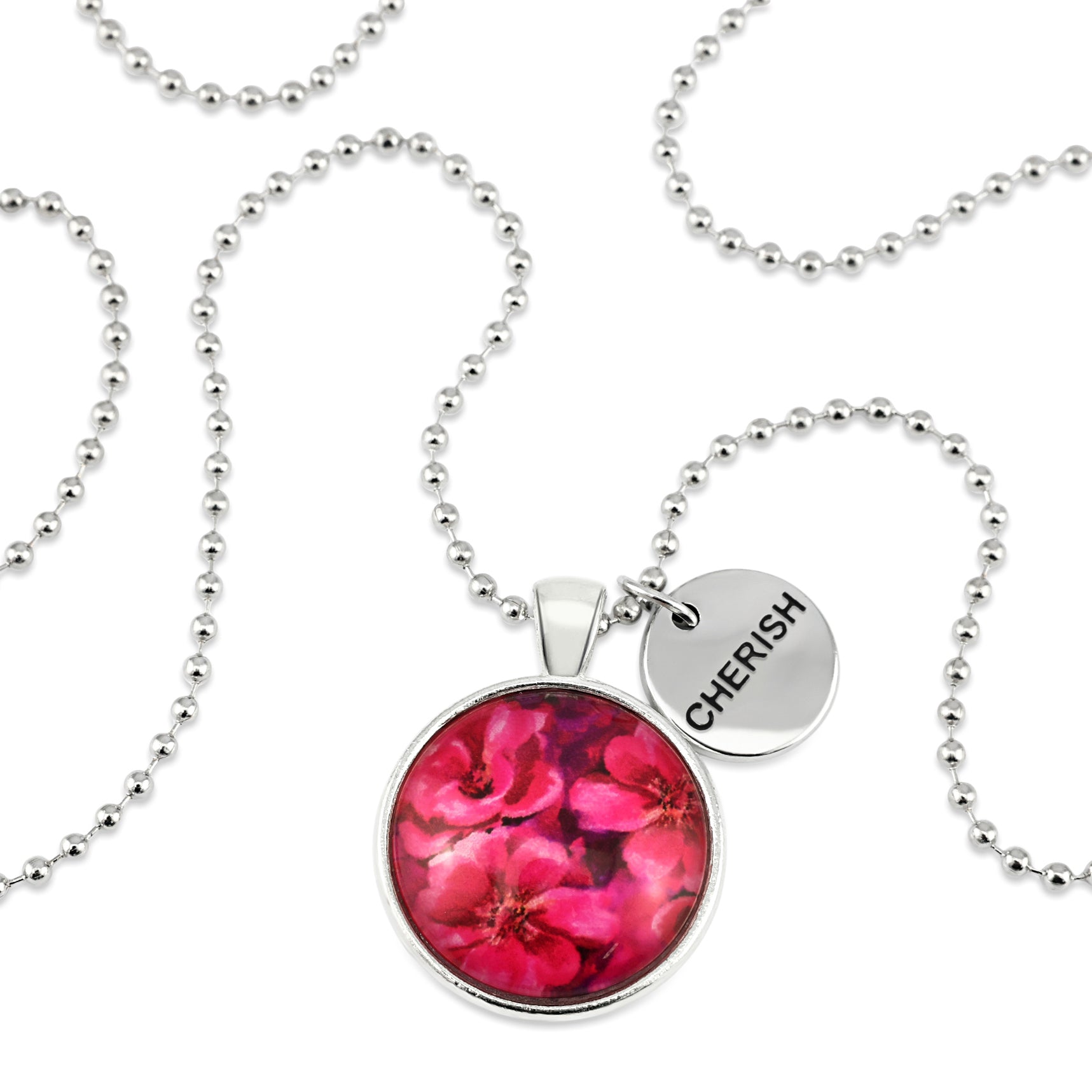 Circle pendant necklace in silver with cherish charm, floral print, ball chain necklace. Fundraiser for the national breast cancer foundation.