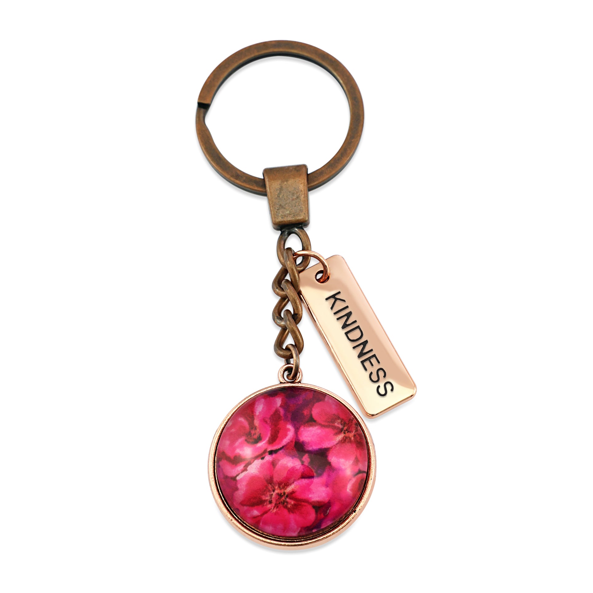 Circle pendant keyring in vintage red copper with rose gold 'kindness' charm, floral print. Fundraiser for the national breast cancer foundation.