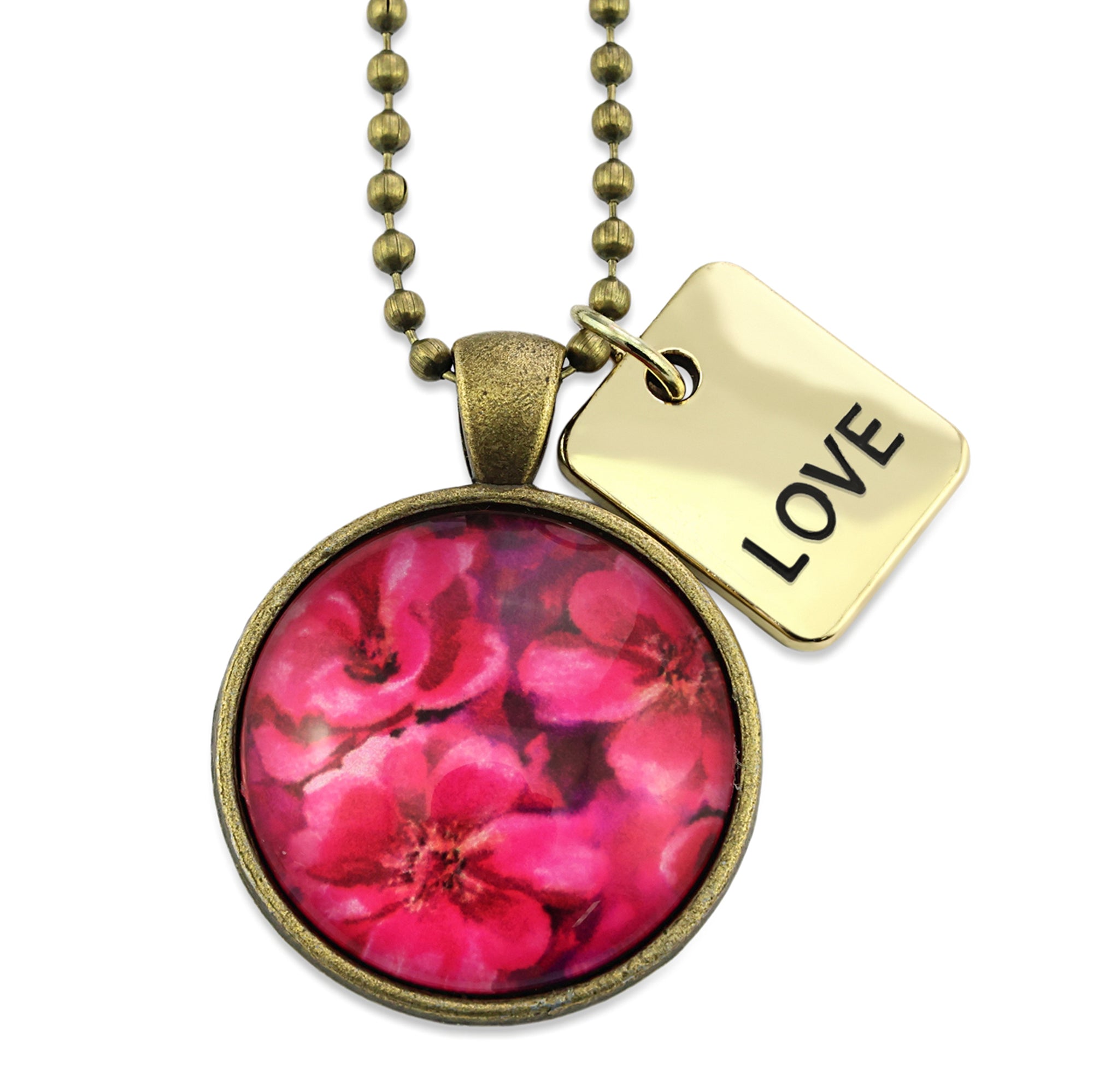 Circle pendant necklace in vintage antique gold with 'love' charm, floral print, ball chain necklace. Fundraiser for the national breast cancer foundation.