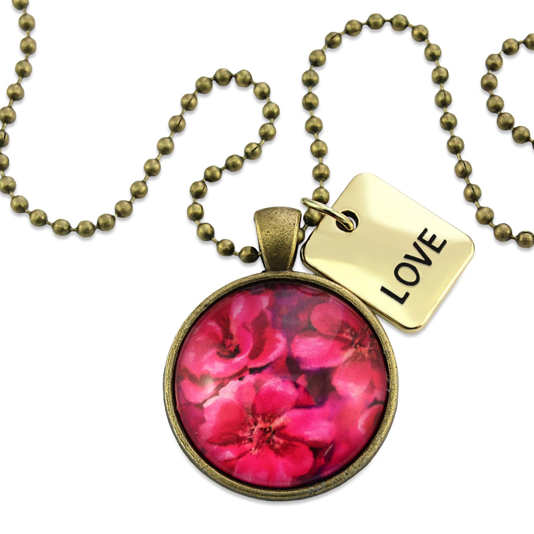 Circle pendant necklace in vintage antique gold with 'love' charm, floral print, ball chain necklace. Fundraiser for the national breast cancer foundation.