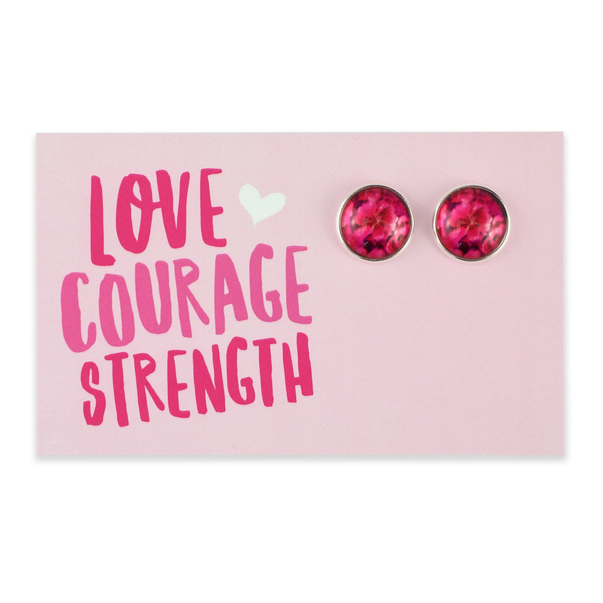 PINK COLLECTION - Love Courage Strength - Bright Silver 12mm Circle Studs - Ruby Bloom (11061)