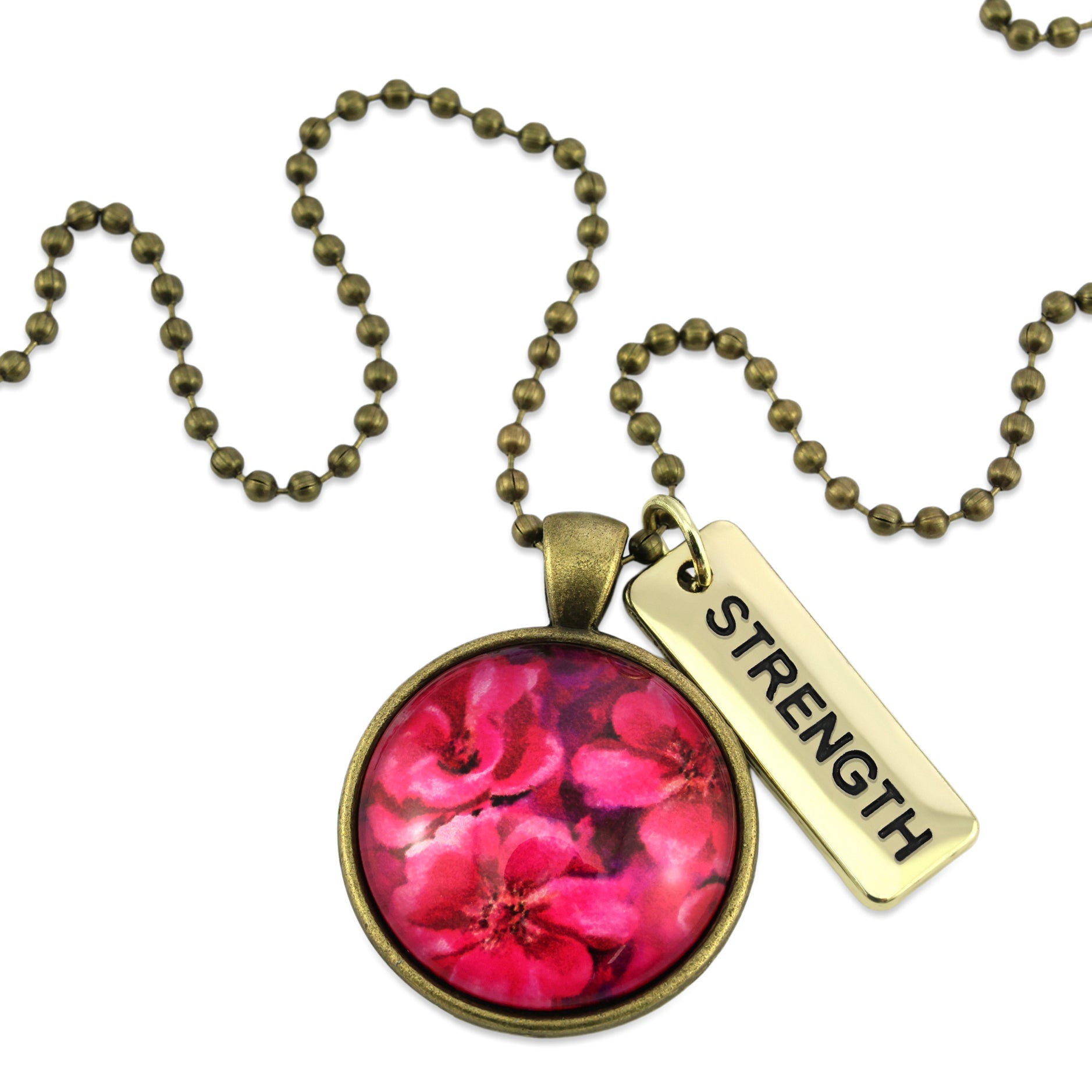 Circle pendant necklace in vintage antique gold with 'strength' charm, floral print, ball chain necklace. Fundraiser for the national breast cancer foundation.