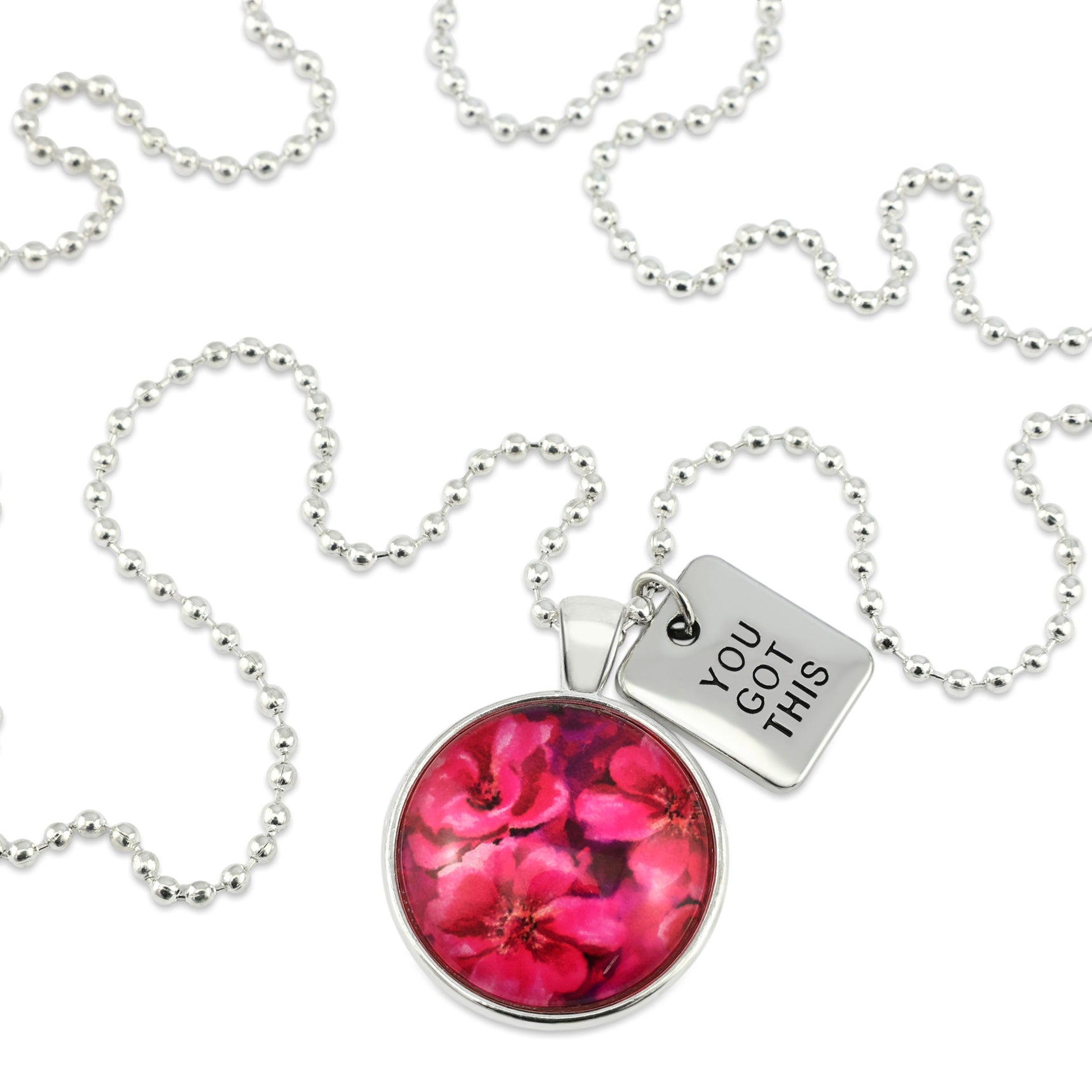 Circle pendant necklace in silver with you got this charm, floral print, ball chain necklace. Fundraiser for the national breast cancer foundation.