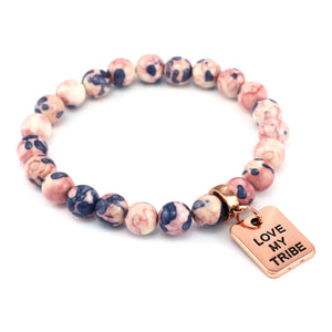 Stone Bracelet - Raspberry & Navy Patch Agate Stone 8mm Beads - with Rose Gold Word Charms