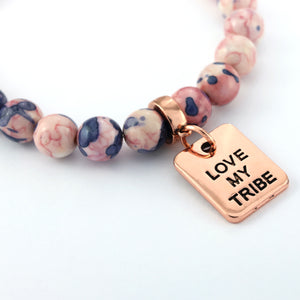 Stone Bracelet - Raspberry & Navy Patch Agate Stone 8mm Beads - with Rose Gold Word Charms