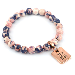 Stone Bracelet - Raspberry & Navy Patch Agate Stone 8mm Beads - with Rose Gold Word Charms